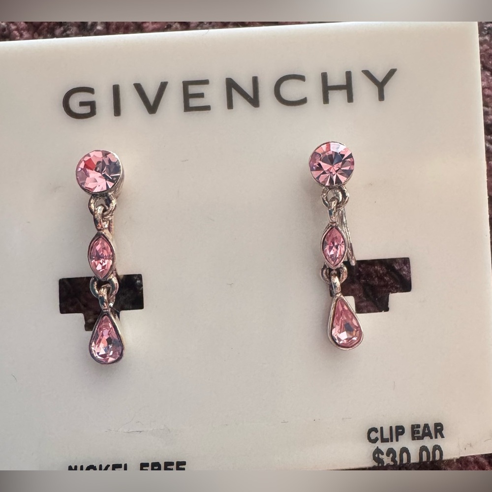 NEW Givenchy Pink Rhinestone Silver Tone Clip Earrings